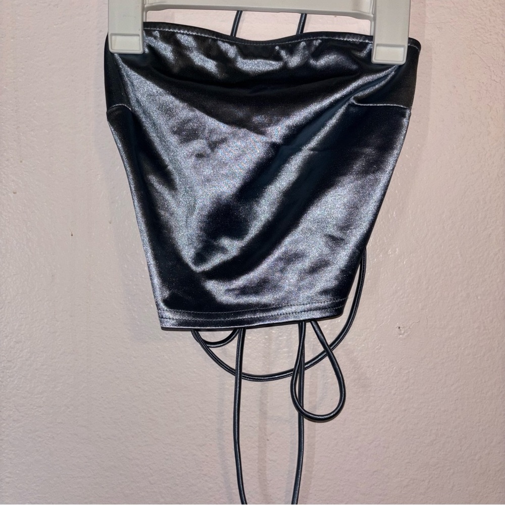 Better Be Satin Metallic Blue Lace Up Open Back Tube Top - Size L